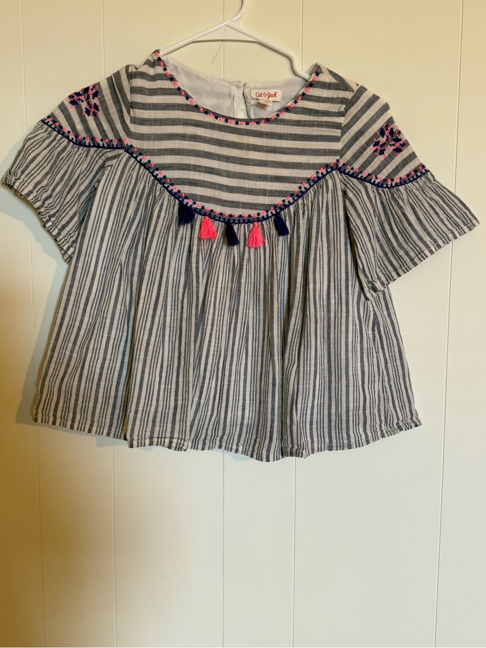Cat & Jack Navy and White Striped Tassel Peasant Top